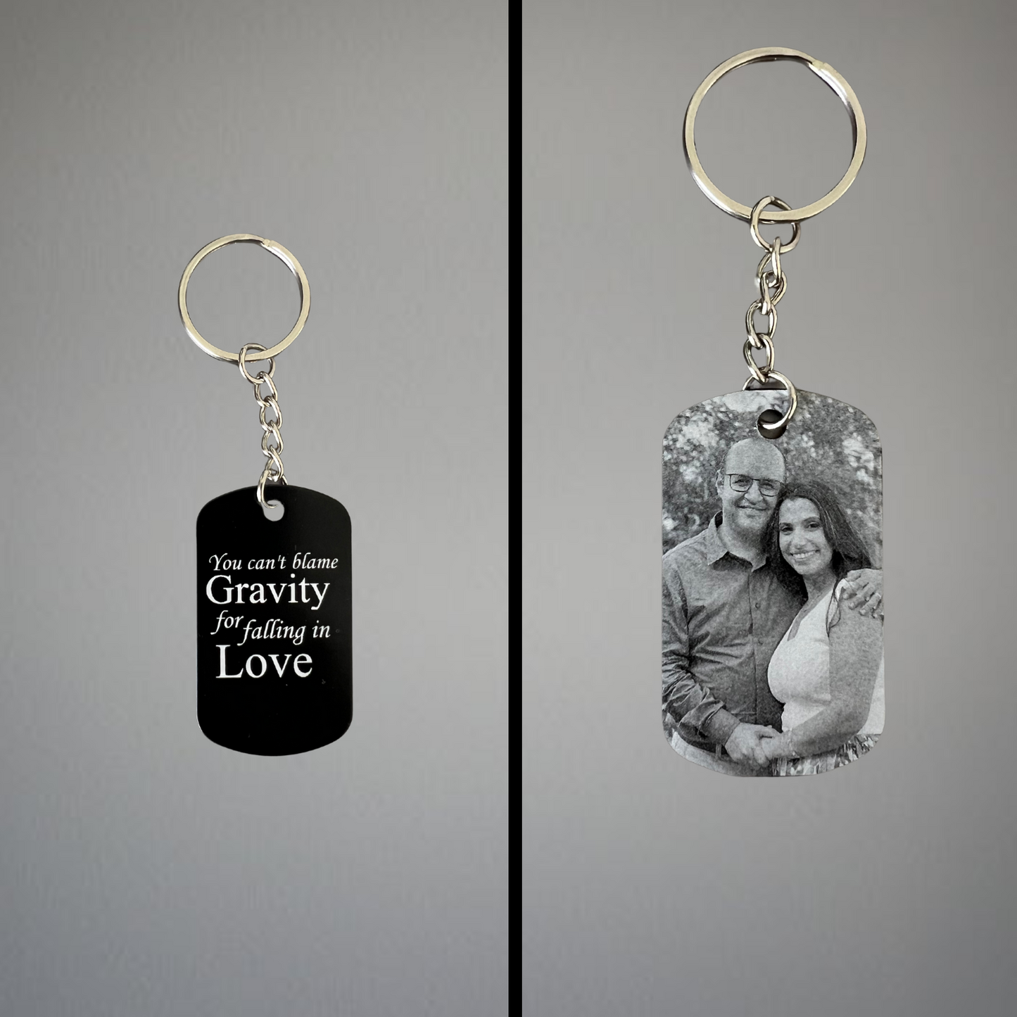 Keychain Engraved with Portrait Picture, front and back, Black